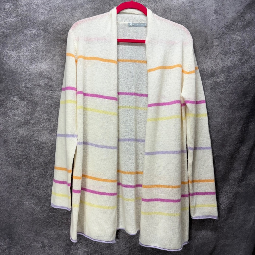 In Cashmere Cardigan Sweater Size M 100% Cashmere Striped Open Front Cream